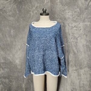 POL Women L‎ Blue Roll Neck Speckled Knit Sweater Oversized Fringe Slouchy Cozy